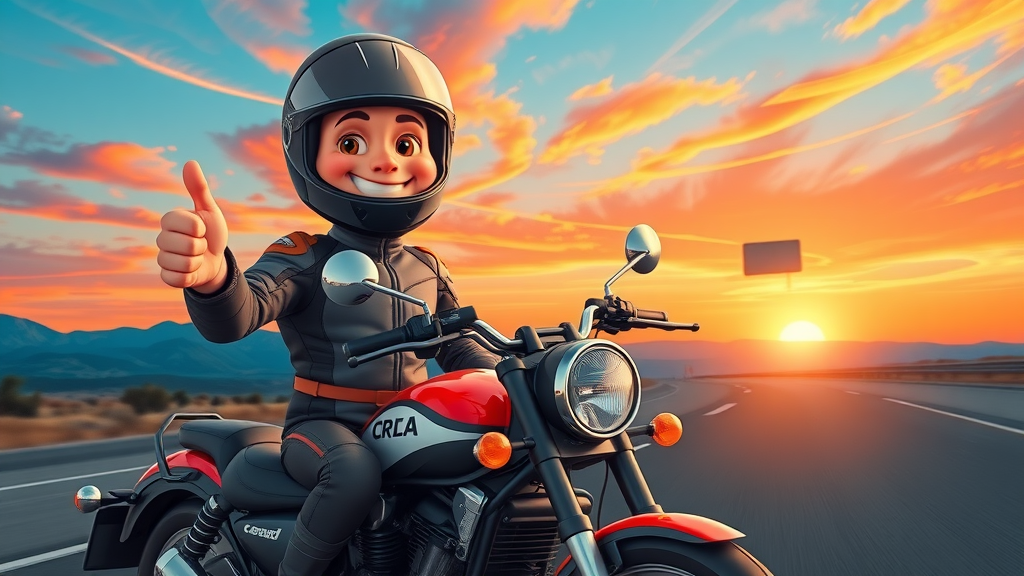 confident motorcyclist giving a thumbs up in matching riding outfit, open highway, motorcycle gear, sunset background, cartoon style