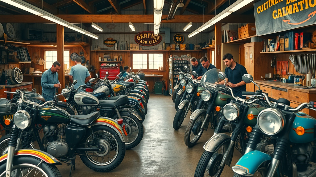 nostalgic motorcycle garage, vintage motorcycles neatly arranged, mechanics examining classic bike parts, rustic workshop with aged tools and oil-stained floors, highly detailed, people handling parts, natural daylight, warm earthy tones, shot with a 35mm lens. Vintage motorcycle parts being expertly handled.
