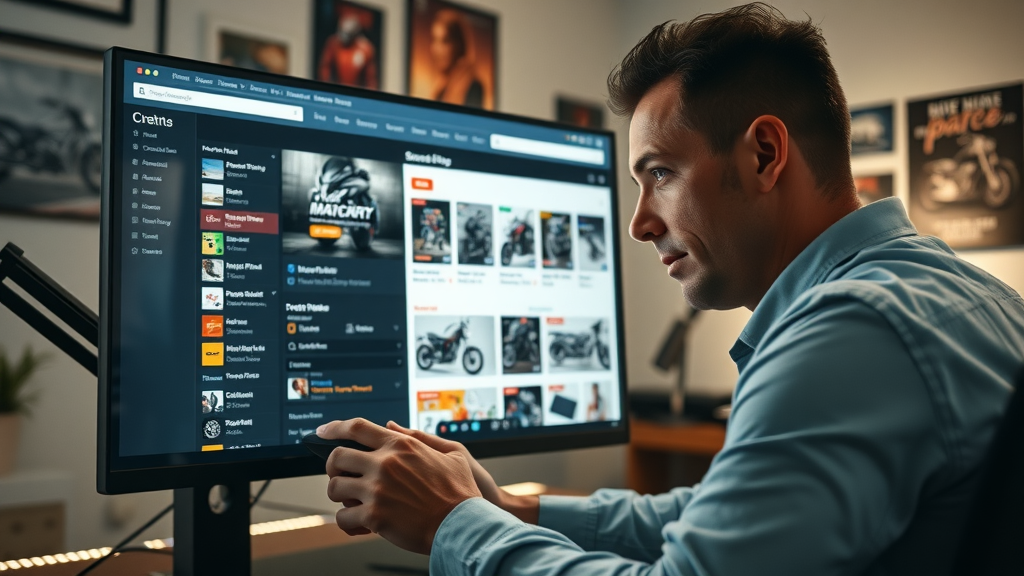 dynamic screen of online marketplace, user browsing motorcycle parts listings, focused expression, scrolling with mouse, modern home office with motorcycle posters, glowing screen reflections. Shopping for vintage motorcycle parts online.