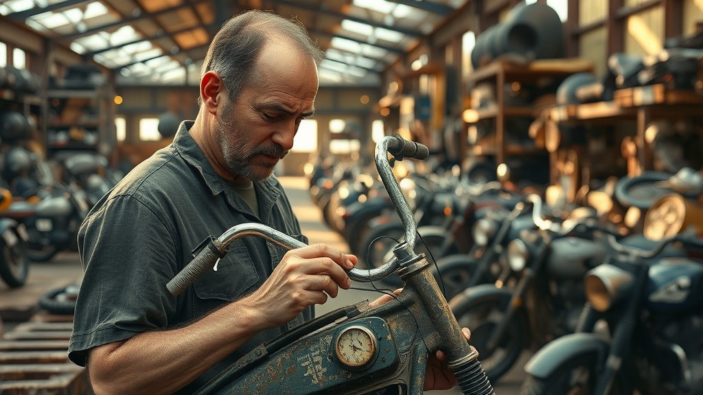 gritty motorcycle salvage yard, enthusiastic buyer examining weathered bike frame, inspecting closely, rows of dismantled motorcycles and parts, rusty textures, earthy muted color palette. Local search for vintage motorcycle parts.