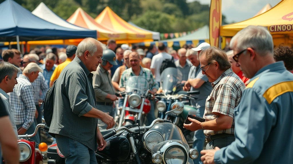 vibrant vintage motorcycle swap meet, enthusiastic crowd, vendors displaying motorcycle parts, animated conversation and transactions, outdoor fairground, highly detailed. In-person hunt for spare vintage motorcycle parts.