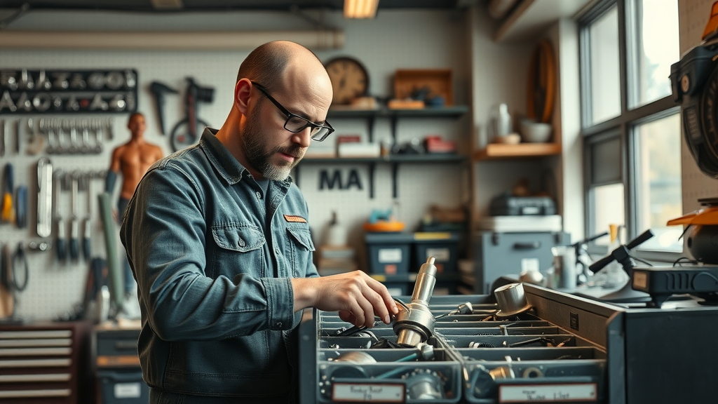 organized garage workspace, knowledgeable mechanic categorizing vintage motorcycle parts, arranging labeled bins, well-lit space, pegboards, tool racks. Identifying and sorting vintage motorcycle parts.