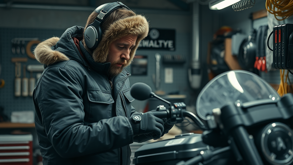 expert advice on motorcycle battery care in winter - rider examining cycle battery in a winter garage, checking motorcycle battery health, winter storage preparation