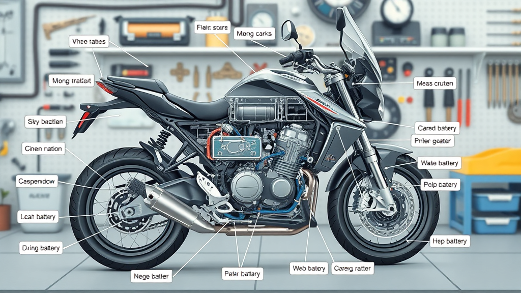 cycle battery components and charging system in winter - educational technical cutaway of motorcycle battery and key parts for expert care
