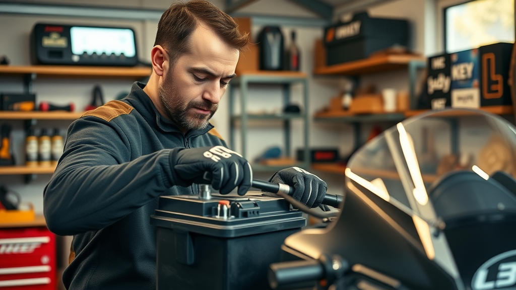 expert advice on motorcycle battery care in winter - rider disconnecting battery, preparing for winter storage, inspecting terminals for corrosion
