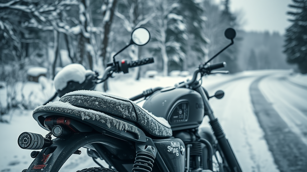 cold weather motorcycle battery care - parked bike with frosted battery compartment, illustration of freezing temperature effects on battery life
