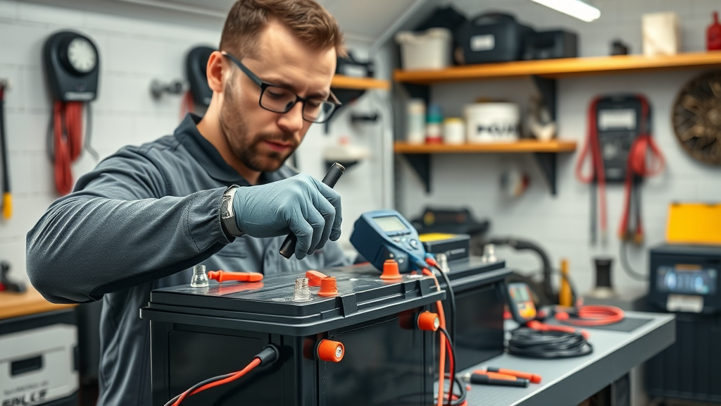 expert motorcycle battery care in winter - technician attaching a smart charger to a motorcycle battery, proper winter battery maintenance