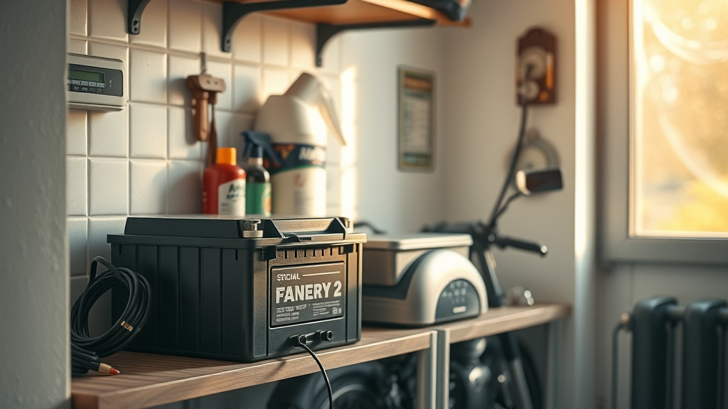 cycle battery storage in winter months - battery on home utility room shelf with modern charger and cleaning supplies, safe winter protection