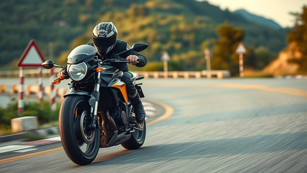 motorcycle riding tips dynamic motorcyclist winding road turning, mountain scenery, road signs, photorealistic, golden hour