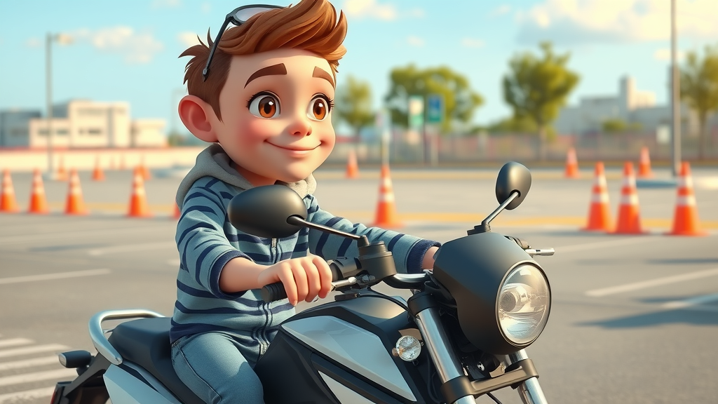 beginner motorcycle rider learning friction zone in parking lot, attentive and confident, city park, detailed 2D cartoon, control practice, motorcycle riding tips