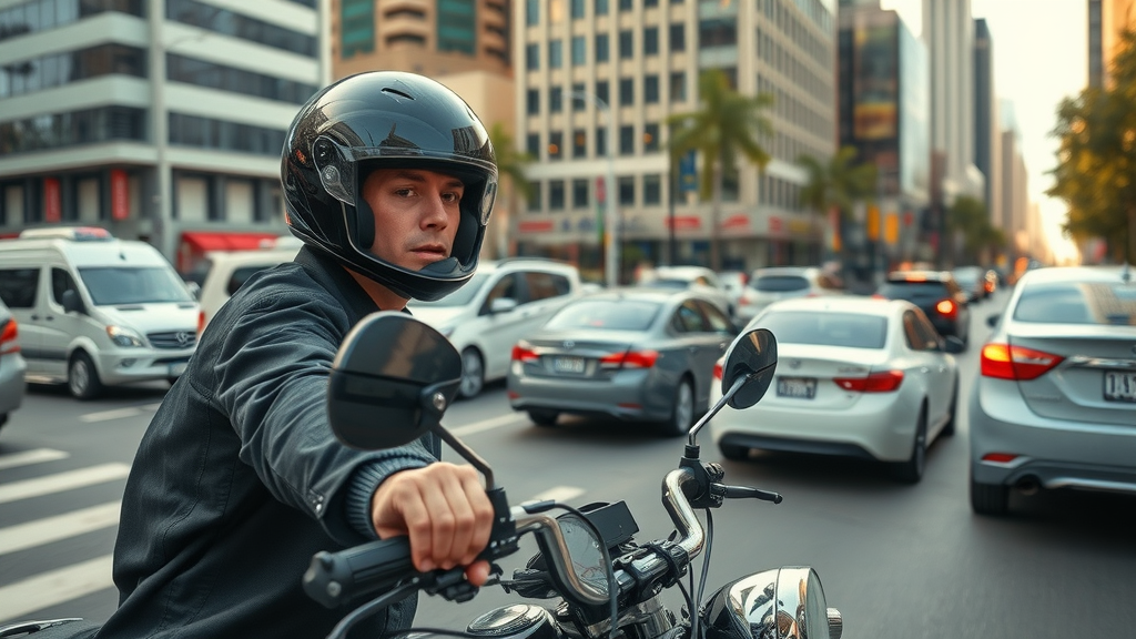 motorcycle riding tips urban traffic alert rider scanning mirrors city street, cars, crosswalks, detailed lifelike imagery