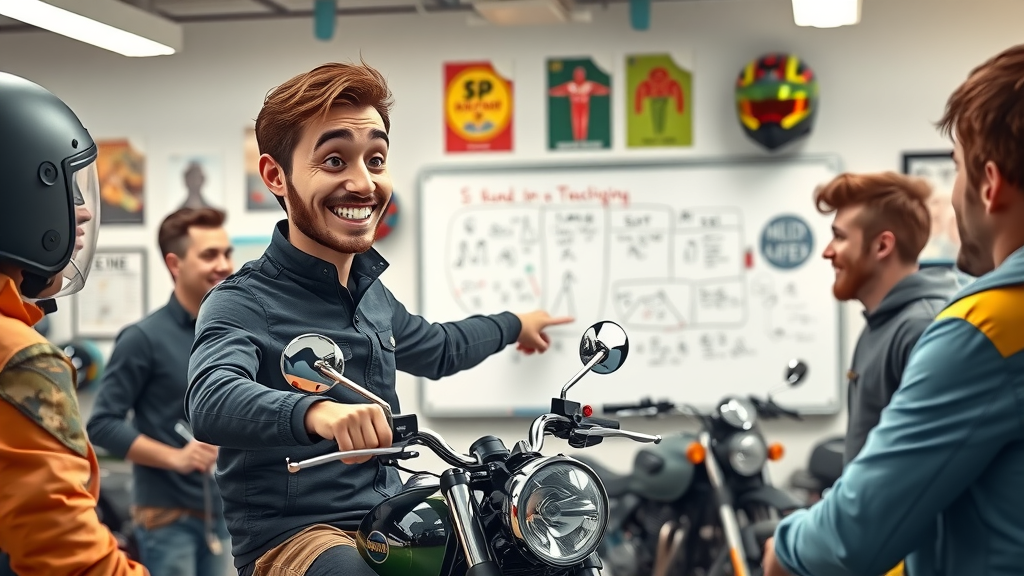 motorcycle riding tips friendly instructor teaching group classroom whiteboard helmets cartoon style