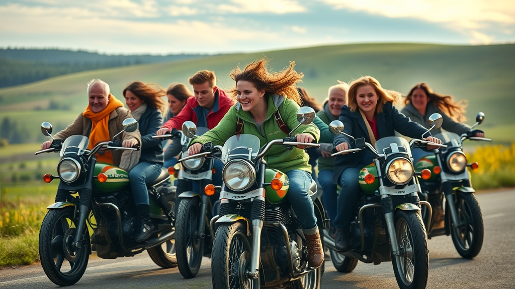 group ride motorcycle riding tips staggered formation teamwork countryside rolling hills morning mist