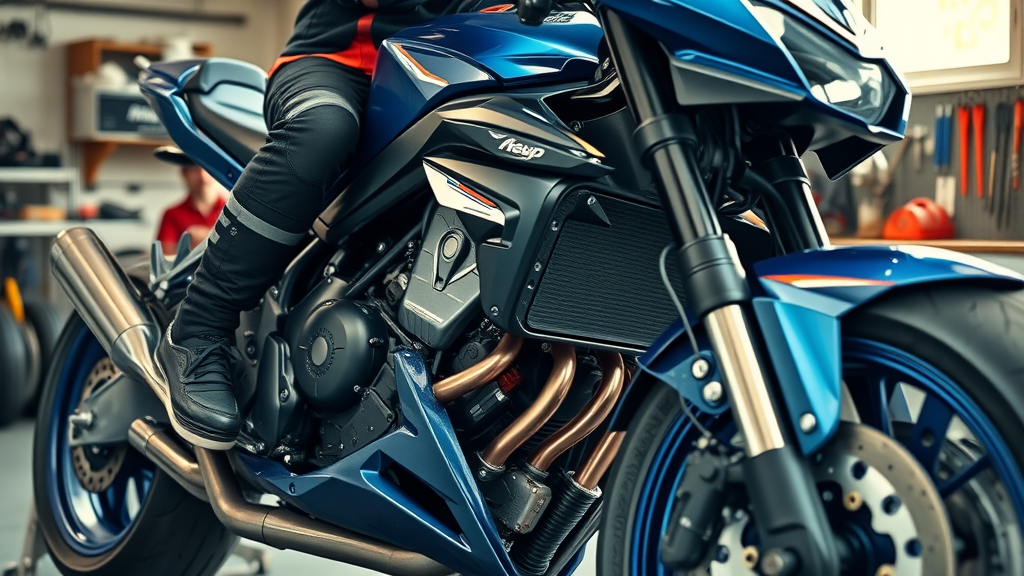 dynamic close-up of a powerful modern sport motorcycle, gleaming chrome, engine exposed, rider prepping for a ride, workshop background with performance parts and tools, motorcycle power optimization