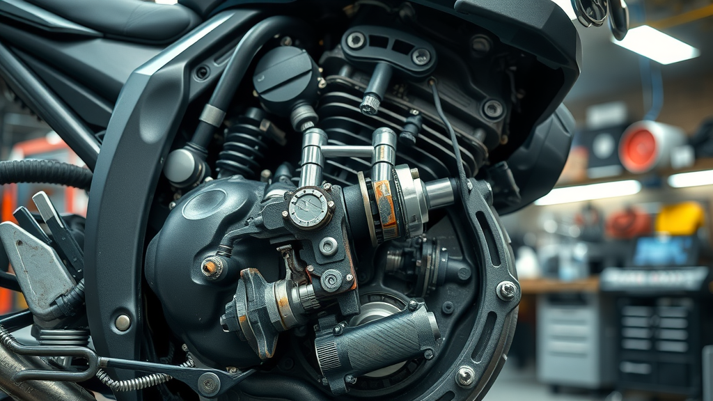 high-detail cutaway of a motorcycle engine, pistons, gears, mechanics examining engine, motorcycle power optimization, workshop