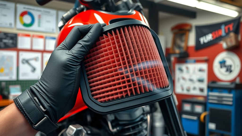 close-up of clean performance motorcycle air filter installation, motorcycle power optimization, detailed filter texture