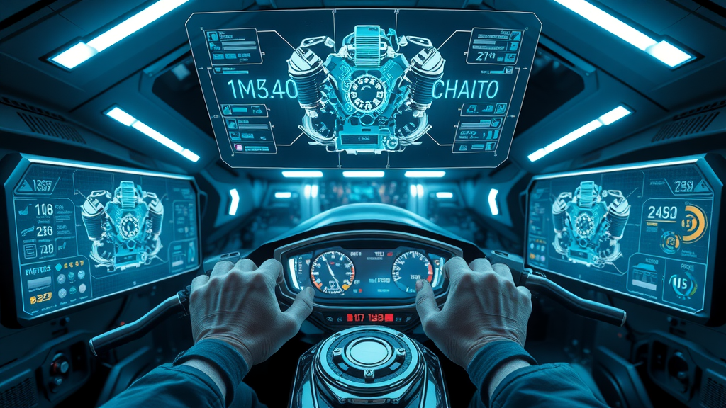 futuristic dashboard interface motorcycle tuning data, digital controls, engine blueprints, motorcycle power optimization
