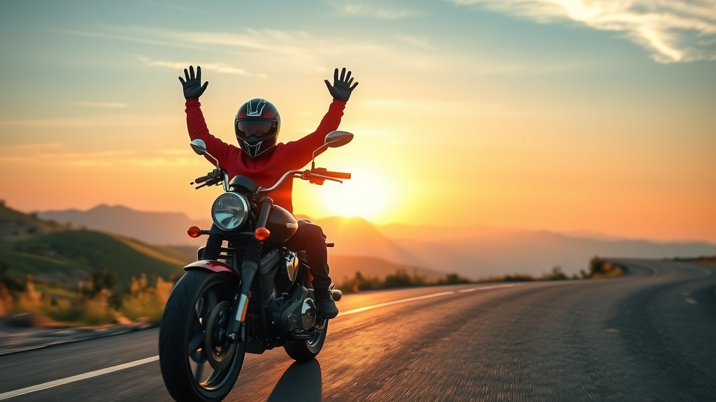 triumphant motorcycle rider on open road, sunrise, motorcycle power optimization achievement
