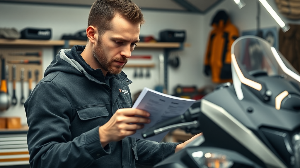 pre-winter motorcycle inspection performed in a modern garage, mechanic using checklist, touring motorcycle ready for winter storage