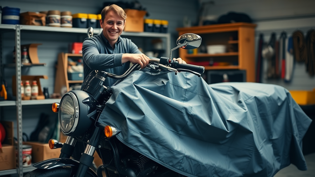 clean motorcycle being prepared for winter storage, owner covers bike for season, residential garage setting, tools and supplies in background