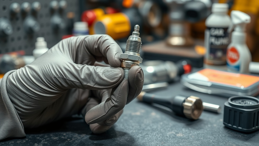 close-up of motorcycle spark plug examination during pre-winter motorcycle inspection, precise hands cleaning spark plug, workshop background