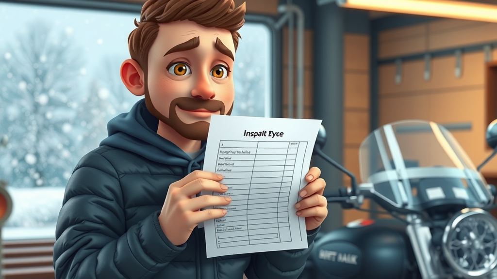 motorcycle owner puzzled by checklist error during pre-winter motorcycle inspection in cold garage with snow outside