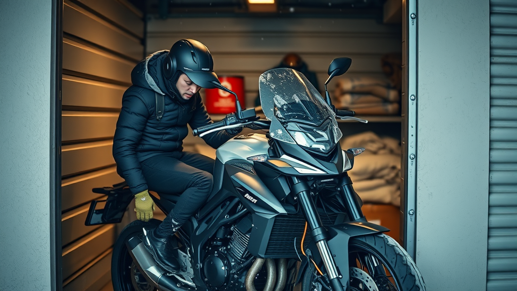modern motorcycle secured in winter storage unit with winter supplies and a confident biker, snow and protection highlight proper pre-winter motorcycle preparation