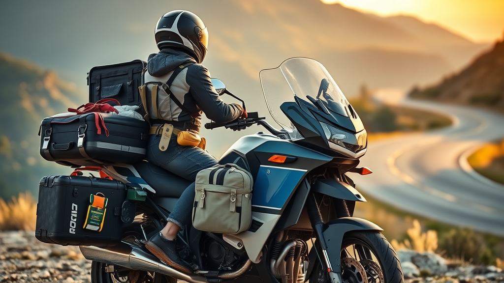 sleek modern touring motorcycle, confident rider packing luggage and saddlebags, planning motorcycle touring route overlooking scenic roads and mountains