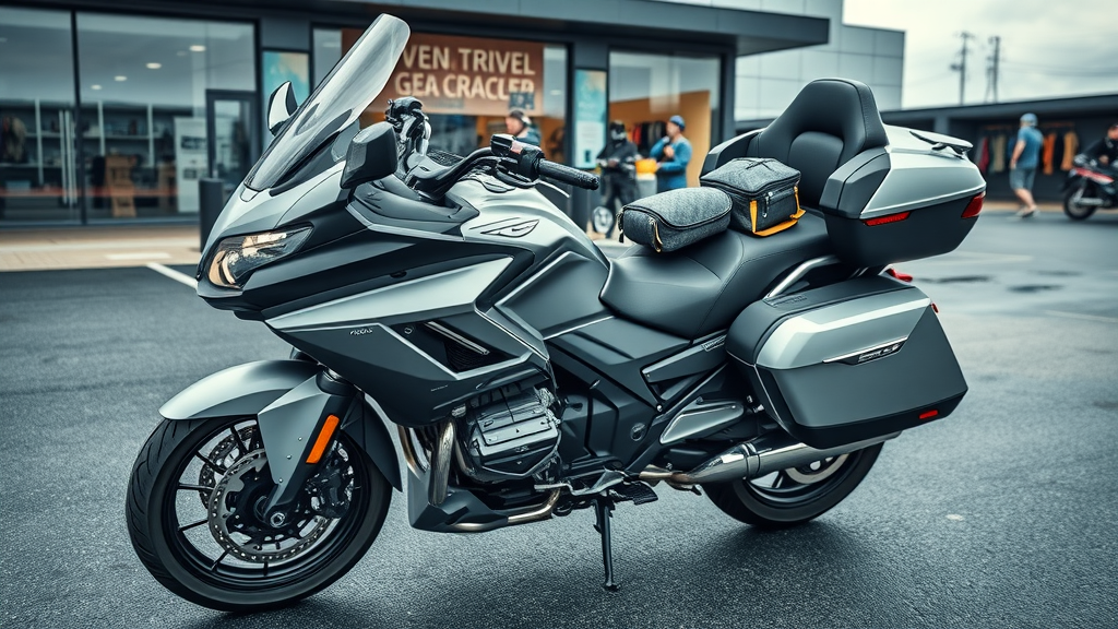 modern high-end touring motorcycle with spacious storage compartments open, organized travel gear and touring accessories, outside adventure shop, motorcycle touring