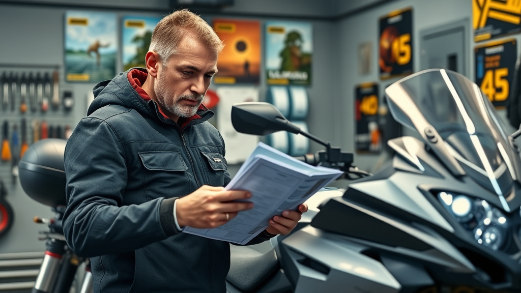determined motorcyclist checking a detailed pre-trip checklist, travel essentials organized beside sport-touring motorcycle, prepping for motorcycle touring