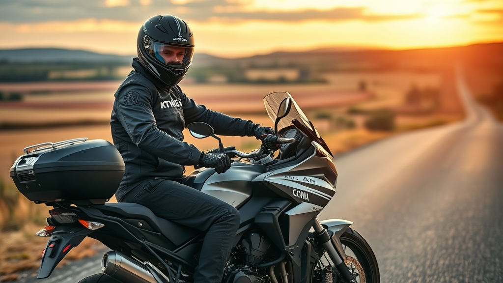 confident rider in advanced motorcycle touring safety gear, including helmet and gloves, mounting touring motorcycle on scenic sunrise country road