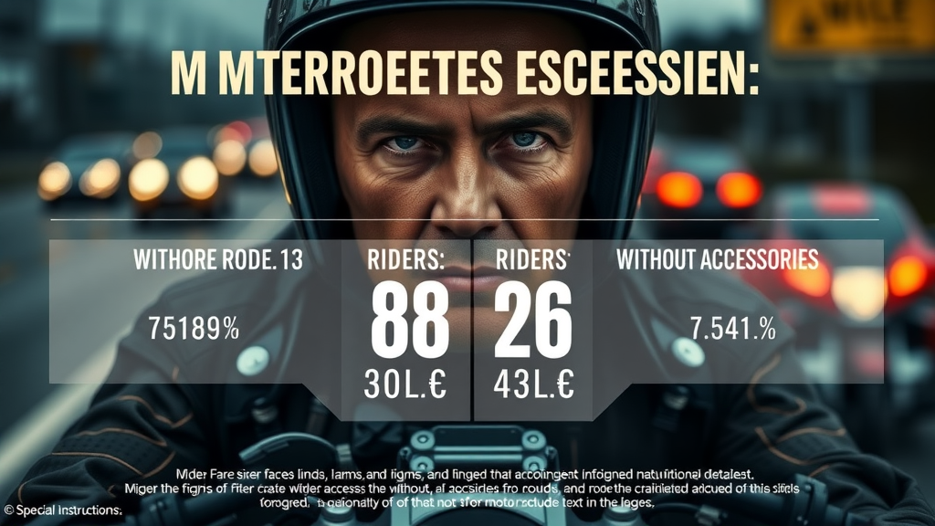 Infographic showing motorcycle accident statistics with and without motorcycle accessories in dramatic cinematic lighting, emphasizing crash bars, tail bags, and tow hitches