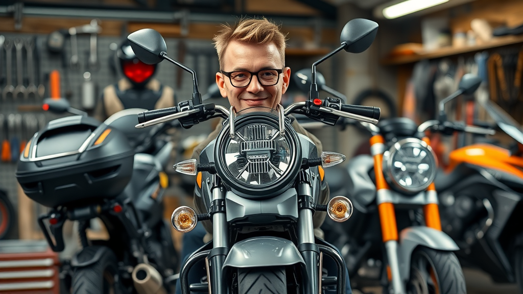 Close-up of premium motorcycle accessories including crash bars, tail bags, and tow hitches installed on motorcycles in a well-lit urban garage, emphasizing their features