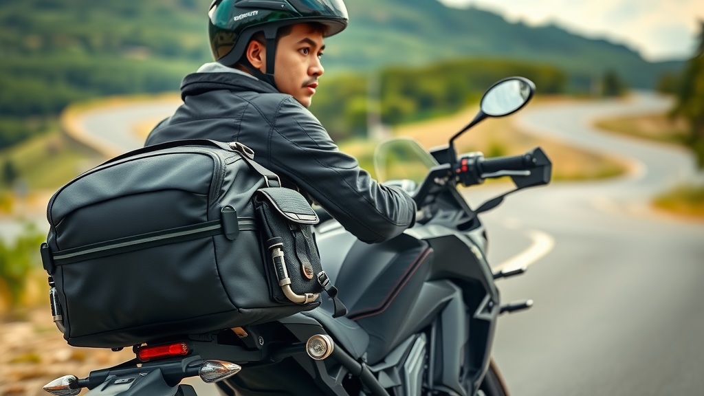 Modern motorcycle with secure tail bag, preparing for a road trip on a scenic winding road, highlighting motorcycle accessories in travel use