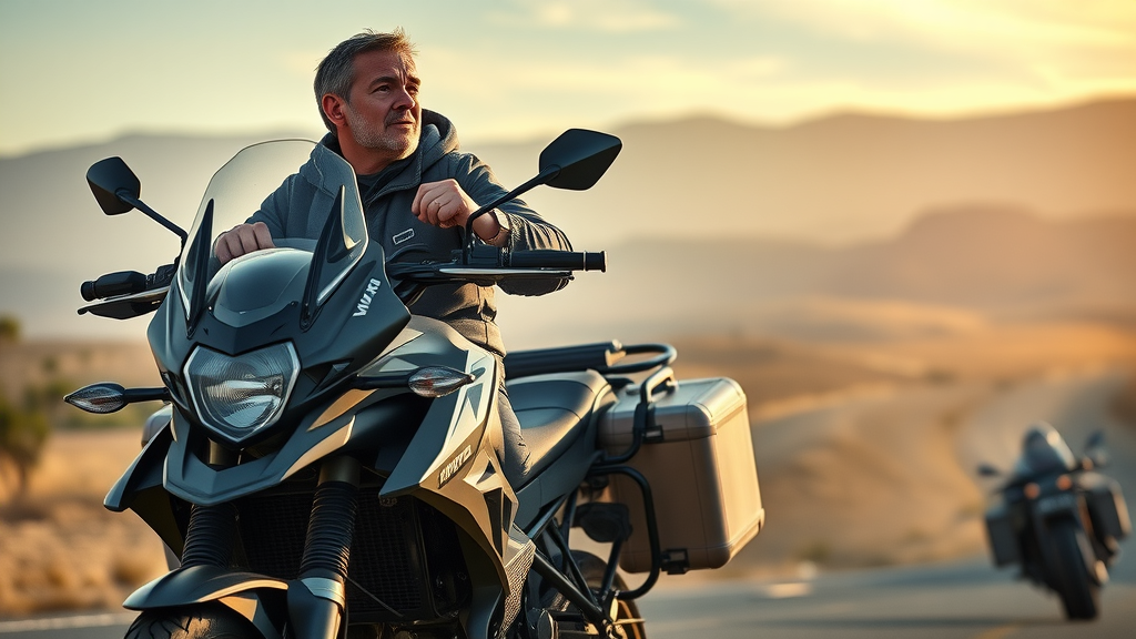 Robust motorcycle equipped with a tow hitch hauling a small trailer on an open highway, showcasing practical use of motorcycle accessories for extra carrying capacity