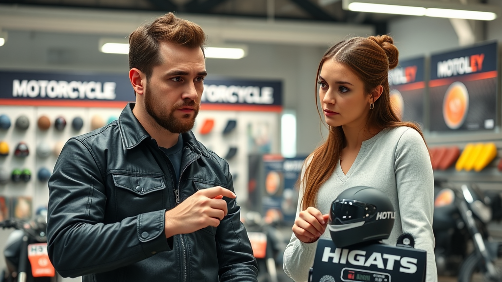 Two riders comparing motorcycle accessories in-store, discussing features and benefits before buying the best motorcycle accessories