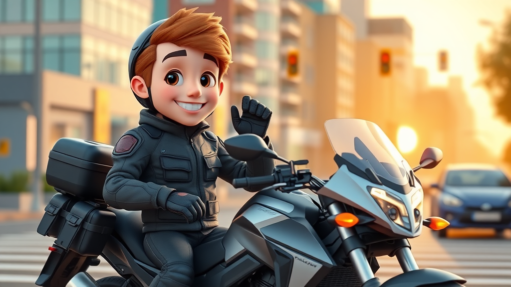 Animated starter rider gearing up with beginner motorcycle accessories like helmet, gloves, armored jacket, crash bar, and tail bag on a modern bike in a welcoming city scene