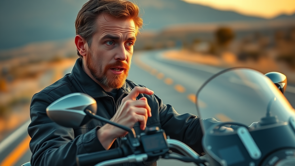 surprised motorcyclist examining motorcycle audio system, thoughtful, adjusting new audio equipment, open road - motorcycle audio reviews