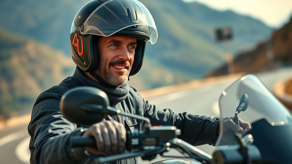 motorcyclist testing audio system, detailed focus on sound quality and clarity, motorcycle audio reviews