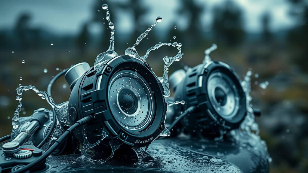 durable waterproof motorcycle speakers with water droplets, highlighting weatherproof design for motorcycle audio systems
