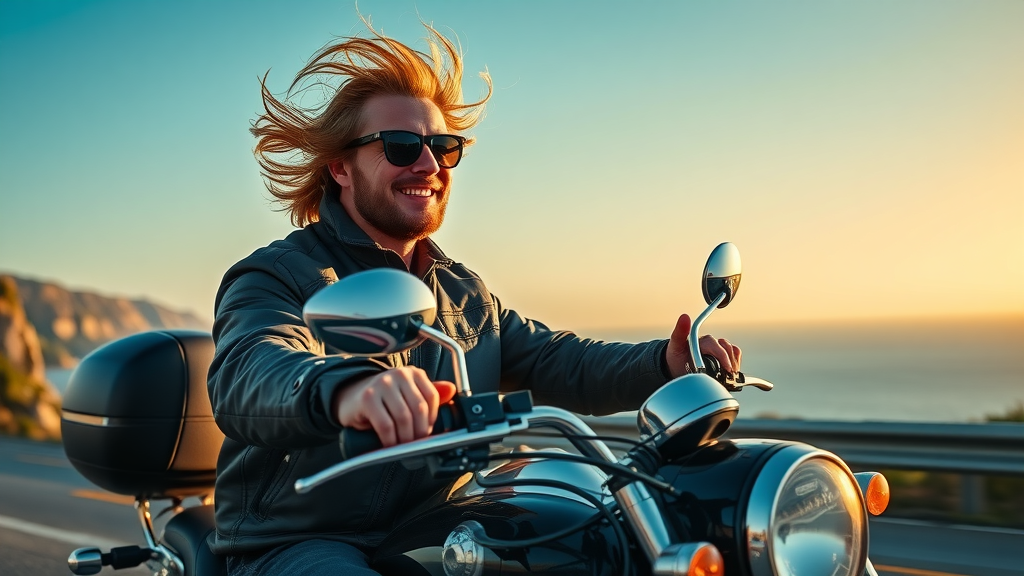 confident motorcyclist with upgraded audio system, enjoying the open road, motorcycle audio reviews