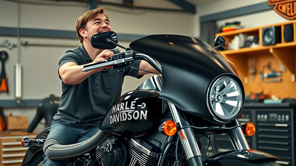 Sleek Harley Davidson motorcycle with owner installing high-fidelity fairing speakers and premium audio kit accessories