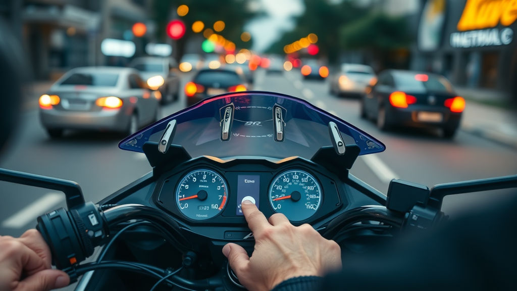 Modern motorcycle dashboard with rider adjusting advanced Bluetooth audio system and stylish source unit integration