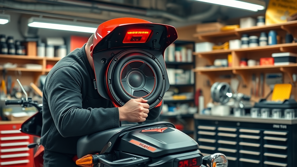 Custom bag lid speaker installation on touring motorcycle with technician optimizing premium audio setup