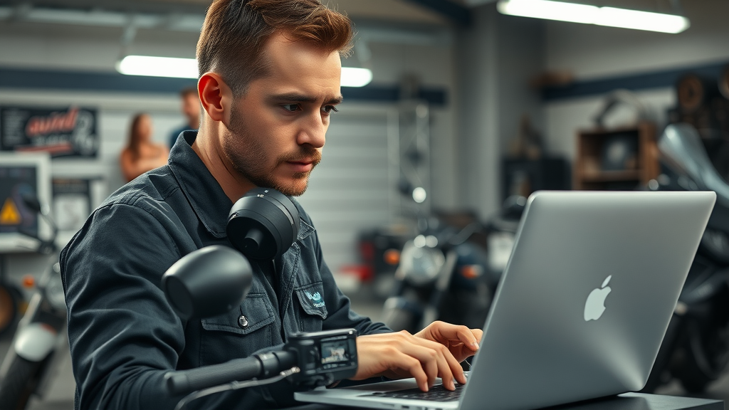 Motorcycle audio technician optimizing sound system setup with professional tuning and amplifier adjustments