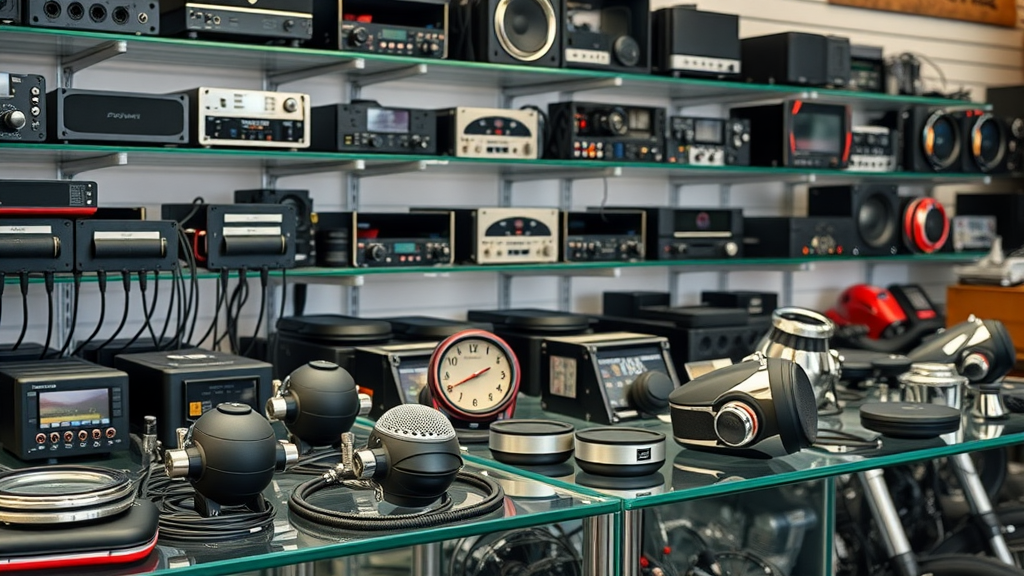 Variety of motorcycle audio accessories including premium speakers, bag lids, and amp kits displayed in a high-end retail shop