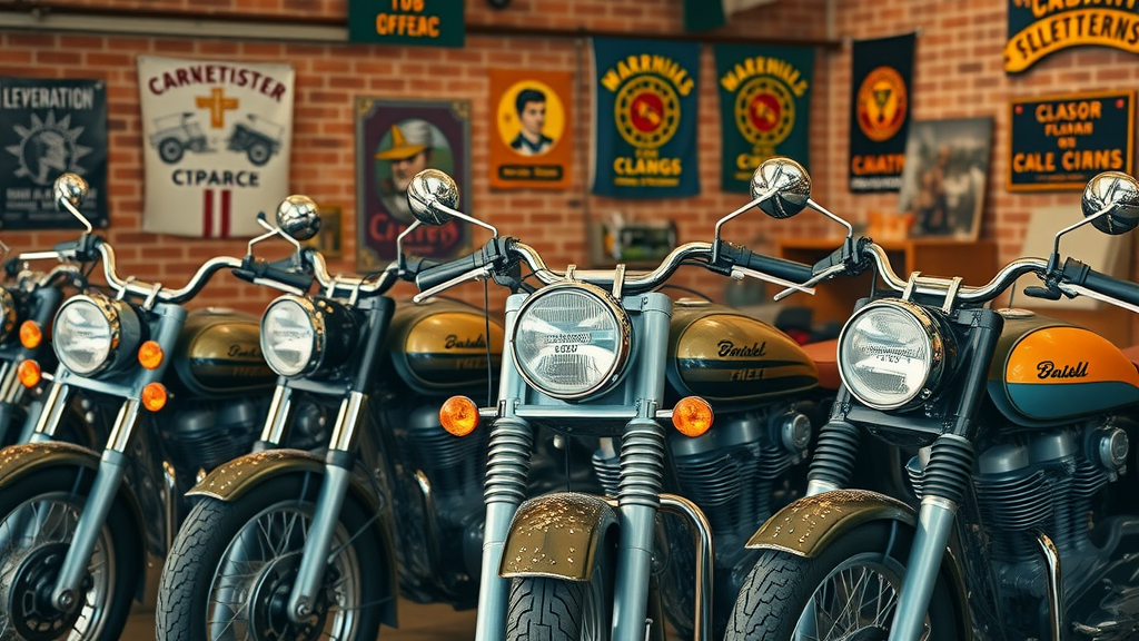 Classic lineup of vintage motorcycles at a local club, club banners and brick garage in background, vintage motorcycle clubs