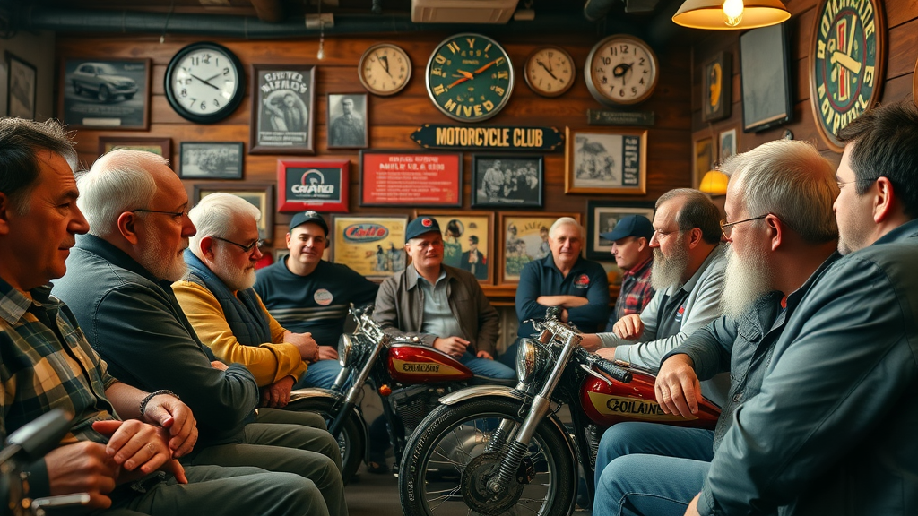 Friendly motorcycle club meeting inside a retro clubhouse with memorabilia-lined walls and classic motorcycles on display, vintage motorcycle clubs