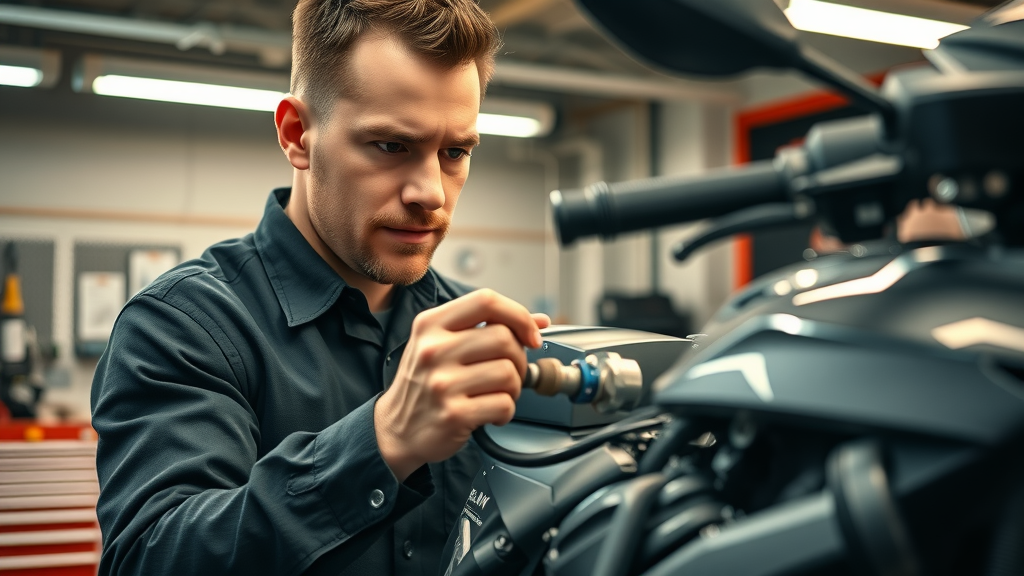 trustworthy motorcycle technician replacing a spark plug on a sport motorcycle in a modern northwest Chicago suburbs repair shop - engine repair and small engine service