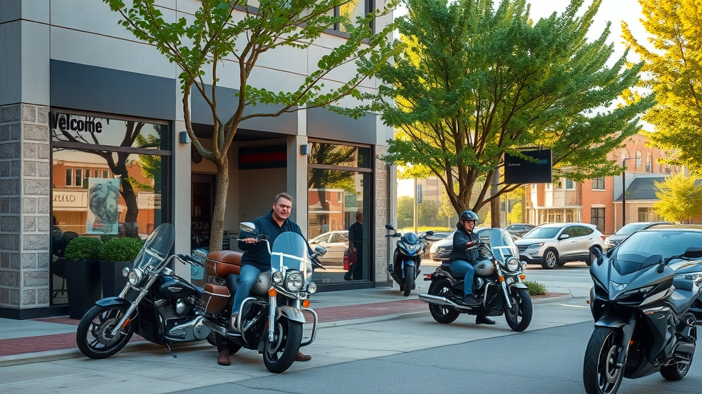 inviting modern motorcycle shop exterior in northwest Chicago suburbs welcoming customers with their motorcycles - motorcycle repair shop and repair service